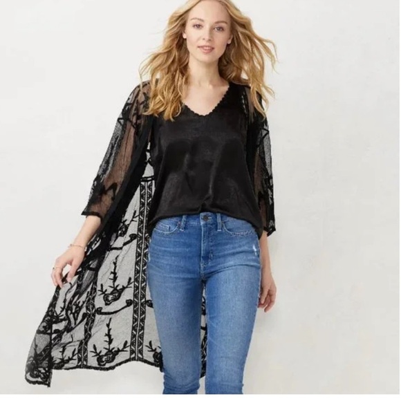 NWT LC Lauren Conrad Lace Sheer Lace Duster Kimono Black - Picture 3 of 6